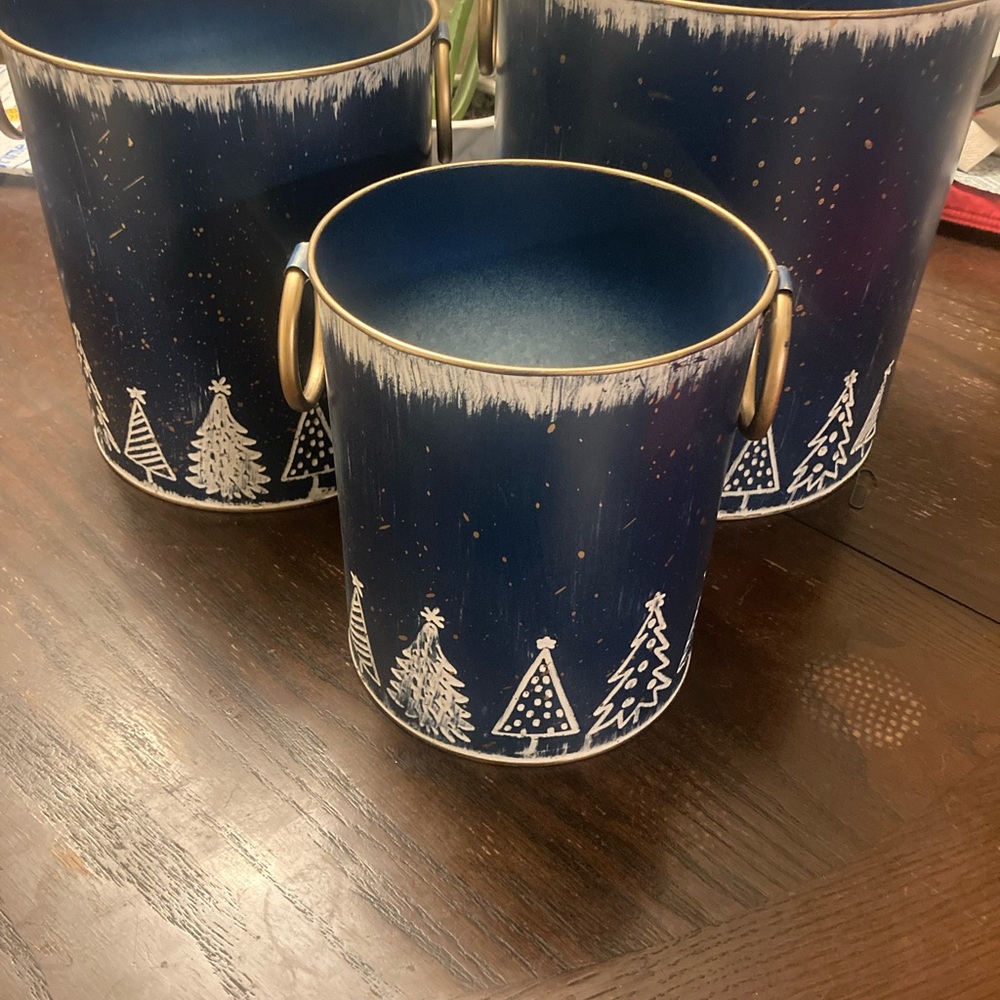 Hobby Lobby Christmas Festive Blue Metal Buckets with Tree Design Multiple uses